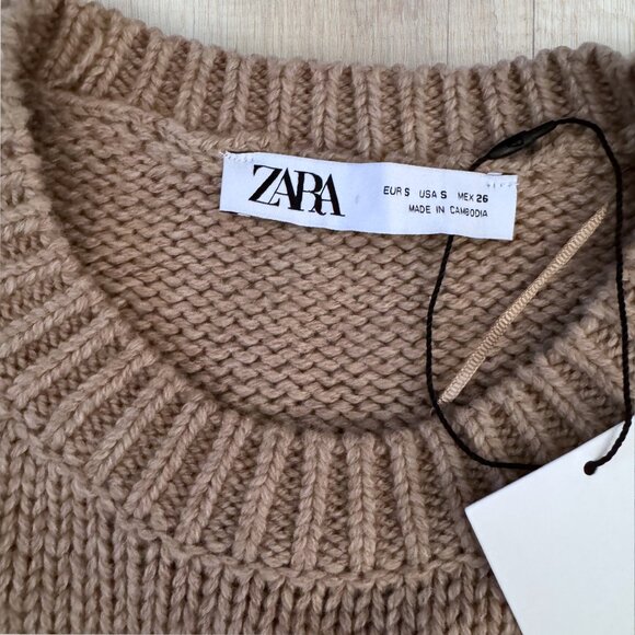 ZARA Brown Knit Sweater with Front Pockets | Size Small NWT - Picture 2 of 3